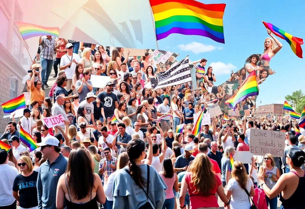A collage depicting Pride events featuring rainbow flags and diverse celebration scenes.