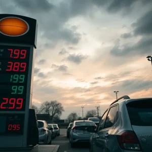 Gas station price board showing high prices in California