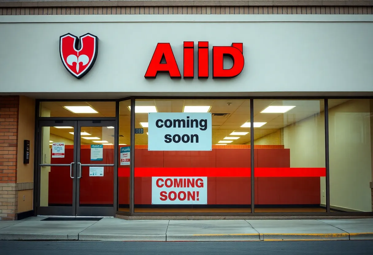 Closed Rite Aid store front with signage about closures