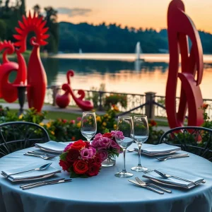 Couples dining by the lake in Costa Mesa with art installations around them.
