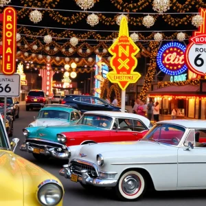 Celebration of Route 66 in Springfield, Missouri, with vintage cars and decorations.