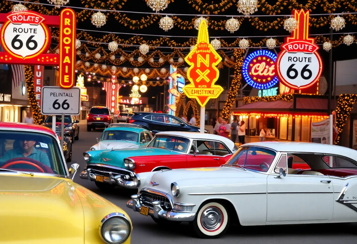 Celebration of Route 66 in Springfield, Missouri, with vintage cars and decorations.