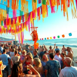 Guests enjoying a beach party at Cabo Wabo Beach Club