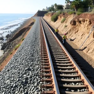 Construction of coastal rail line with riprap and ocean view in San Clemente.