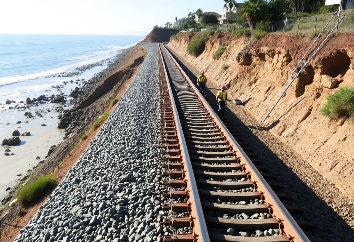 Construction of coastal rail line with riprap and ocean view in San Clemente.