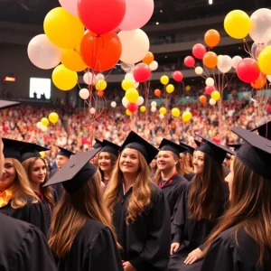 Graduation ceremony at Santa Ana High School with students and families celebrating.