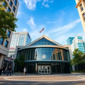 Exterior view of Santa Monica City Hall with blue sky