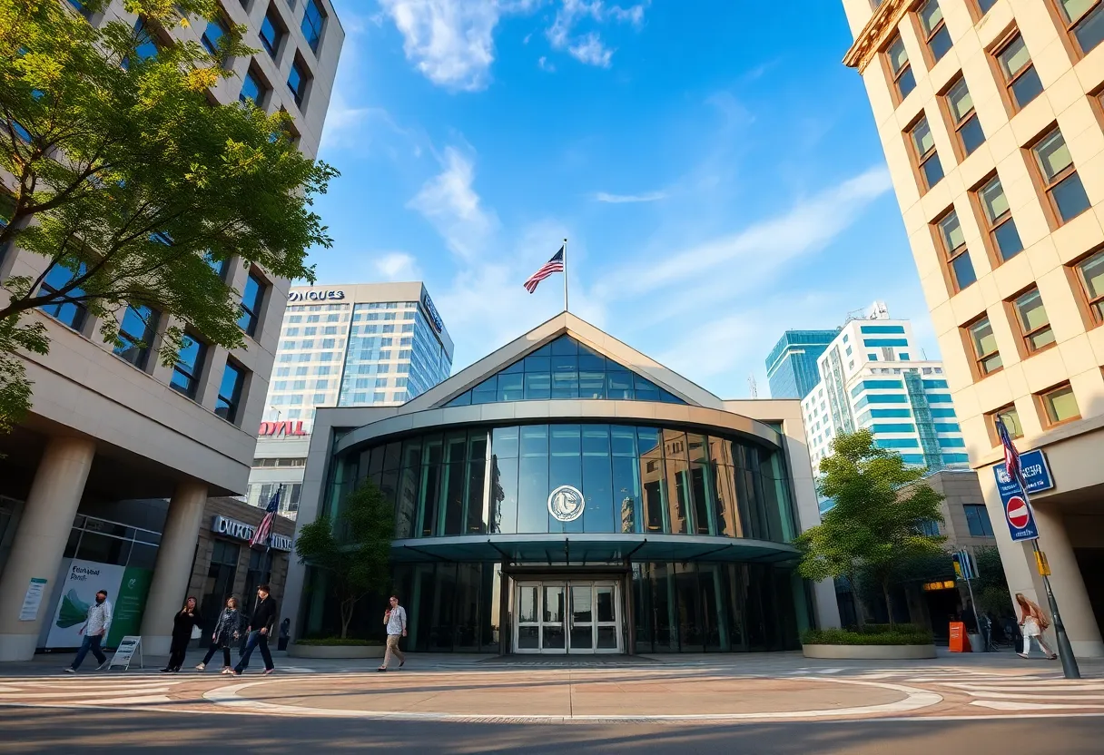 Exterior view of Santa Monica City Hall with blue sky