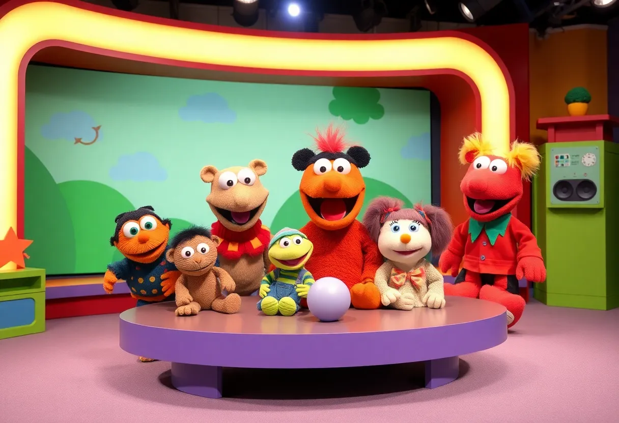 Colorful children's television set representing Sesame Street