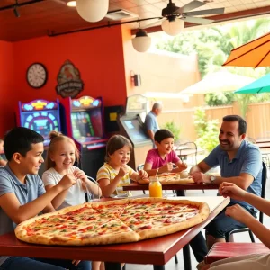 Families dining at Sgt. Pepperoni's Pizza Store