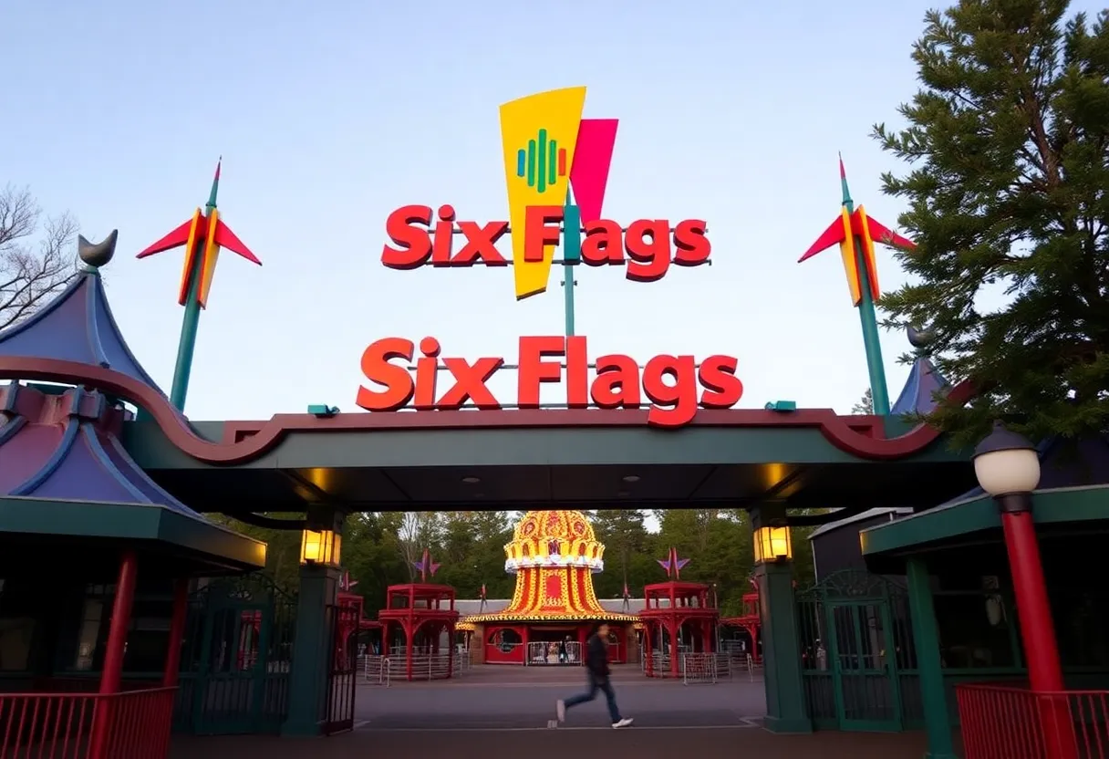 Entrance of Six Flags amusement park with logo