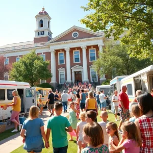 Families enjoying activities at the Spring into Summer event at Old Orange County Courthouse