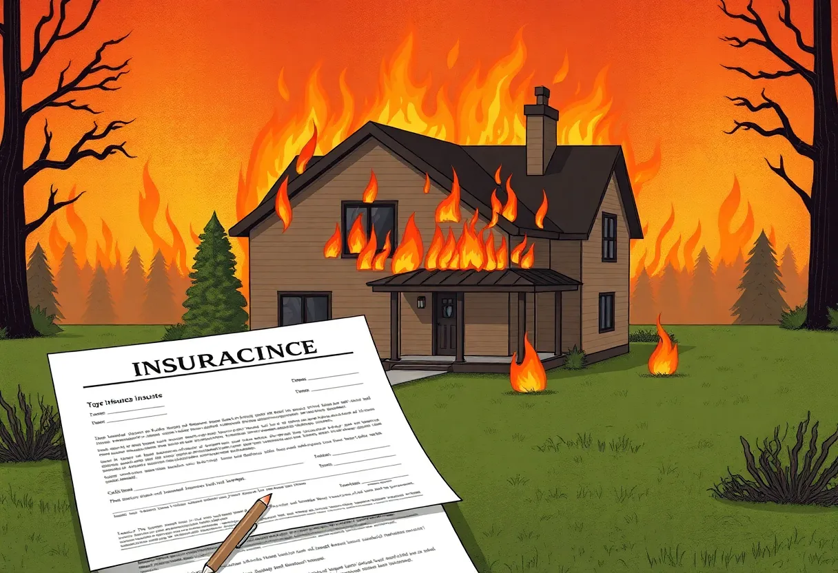 A house in California surrounded by wildfires with insurance documents.