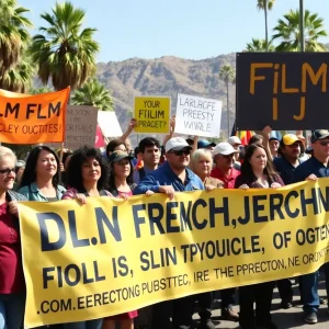 Rally of industry workers and leaders advocating for film production incentives in California.