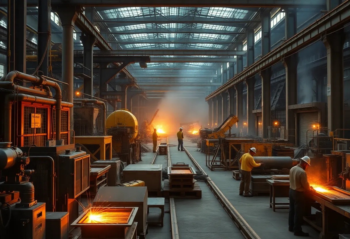 Workers at an American steel factory showing production activities.
