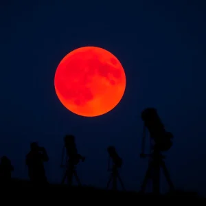 Red moon during a total lunar eclipse viewed from Orange Coast College