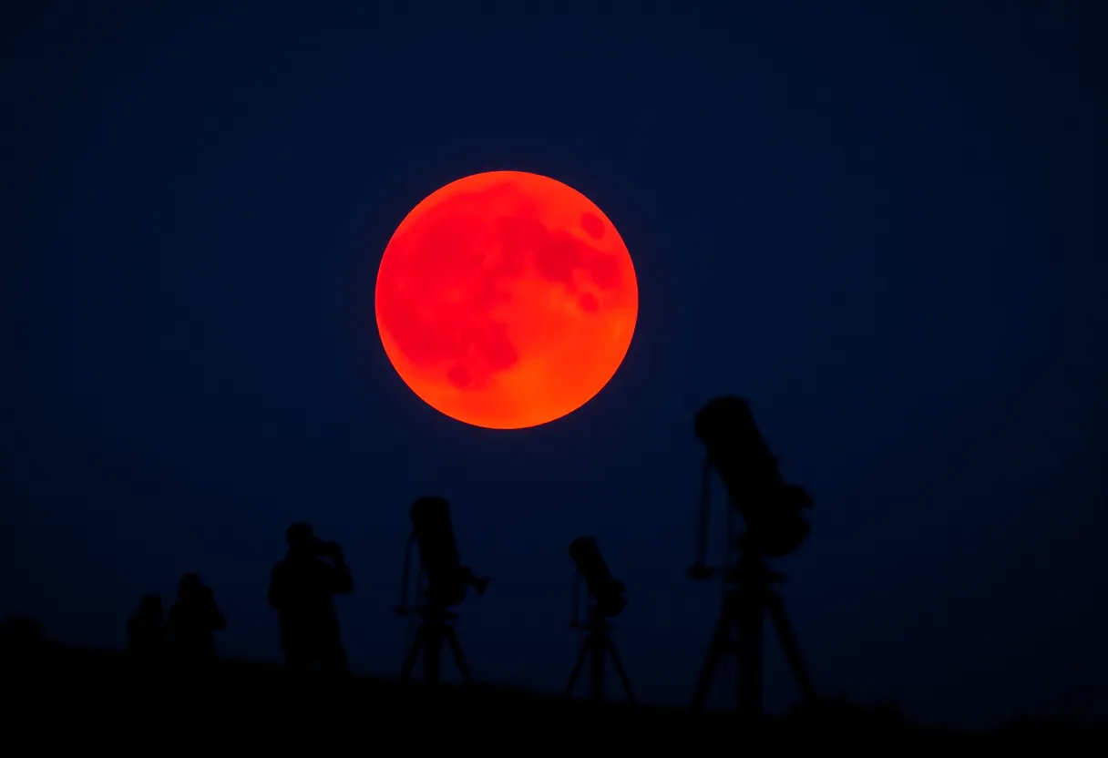 Red moon during a total lunar eclipse viewed from Orange Coast College