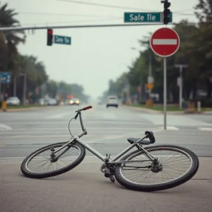 Scene of a tragic collision at a street intersection with a bicycle