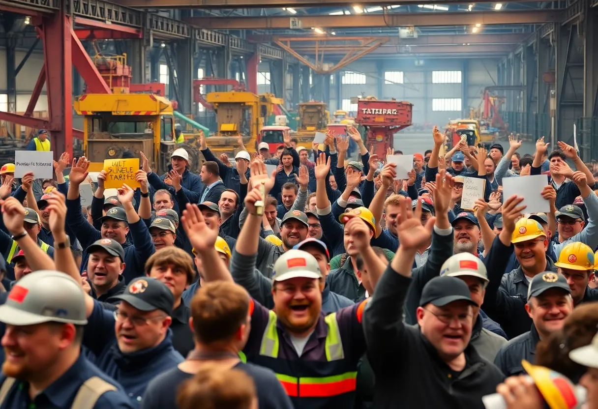 Supportive steelworkers celebrating tariff announcements at a rally