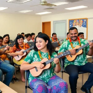 Participants enjoying a ukulele workshop at Orange Coast College