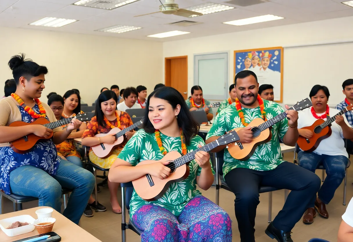 Participants enjoying a ukulele workshop at Orange Coast College