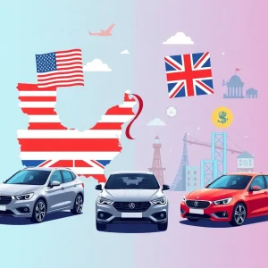Illustration representing U.S. and UK trade agreement with economic symbols.