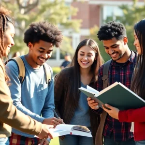 Diverse young adults on a college campus engaged in study activities