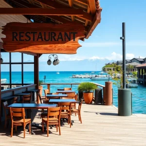 Exterior view of Woody's Wharf restaurant during anniversary celebration.