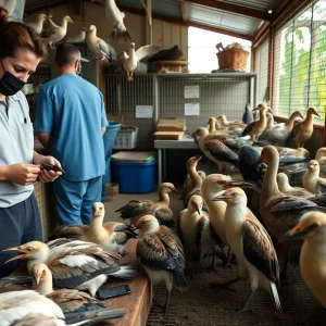 Staff at the Wetlands and Wildlife Care Center tending to sick birds
