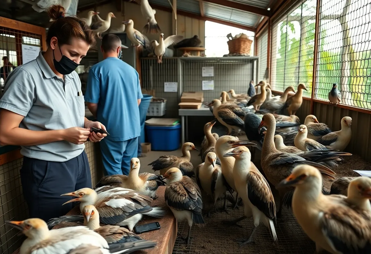 Staff at the Wetlands and Wildlife Care Center tending to sick birds