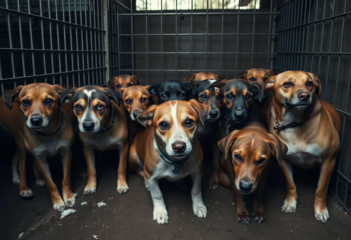 A group of abandoned dogs in a shelter needing care
