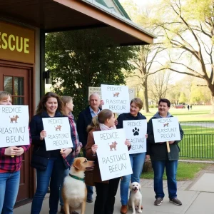 Community members advocating for animal welfare outside a pet rescue.
