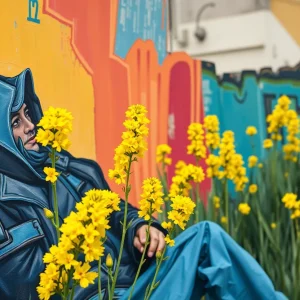 Painting illustrating the challenges of homelessness with mustard flowers in the background.