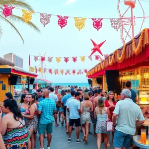Colorful beachfront venue with people enjoying food and music