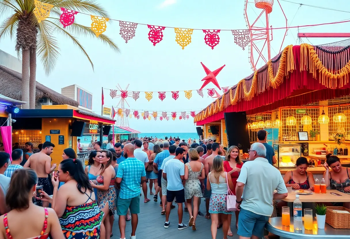 Colorful beachfront venue with people enjoying food and music