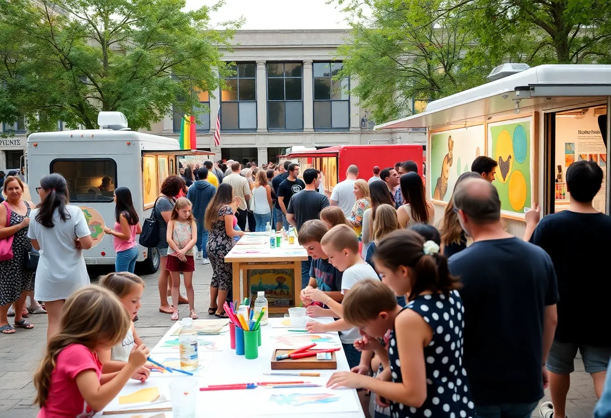 Families enjoying activities at the California Biennial opening day.