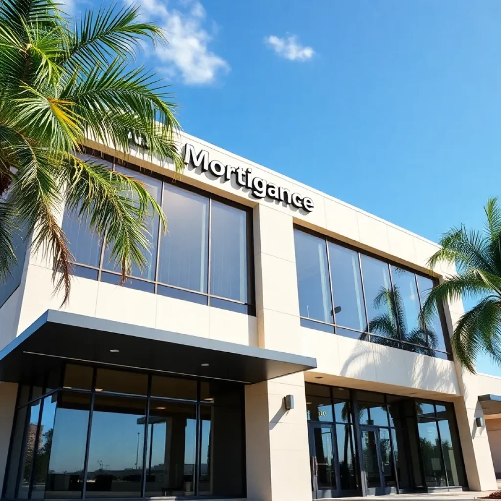 Office building representing the mortgage industry under sunny sky in California
