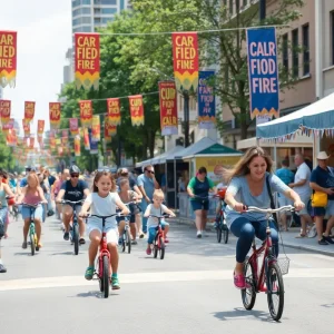 Families enjoying the CicloIrvine Festival in a car-free street environment.