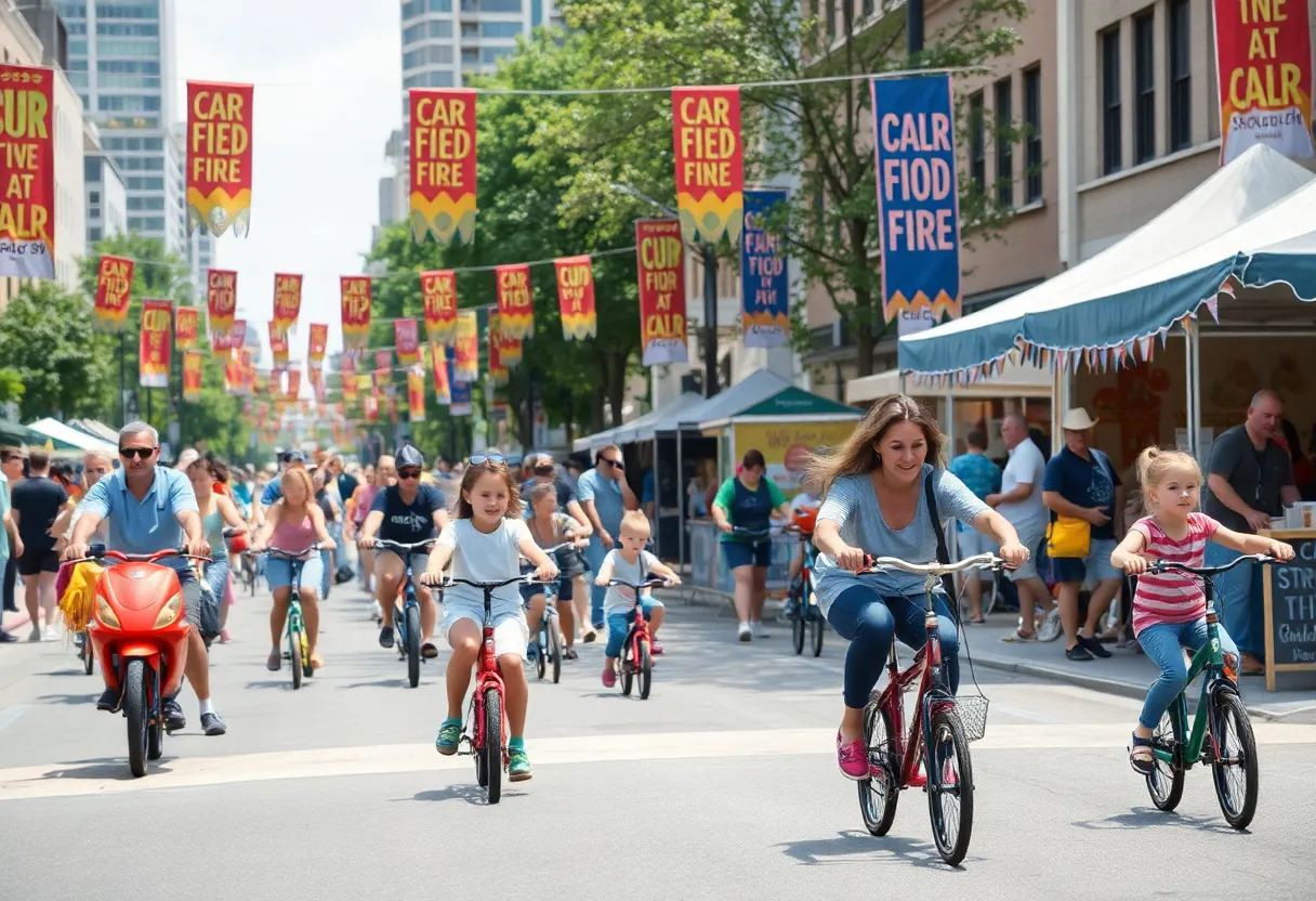 Families enjoying the CicloIrvine Festival in a car-free street environment.