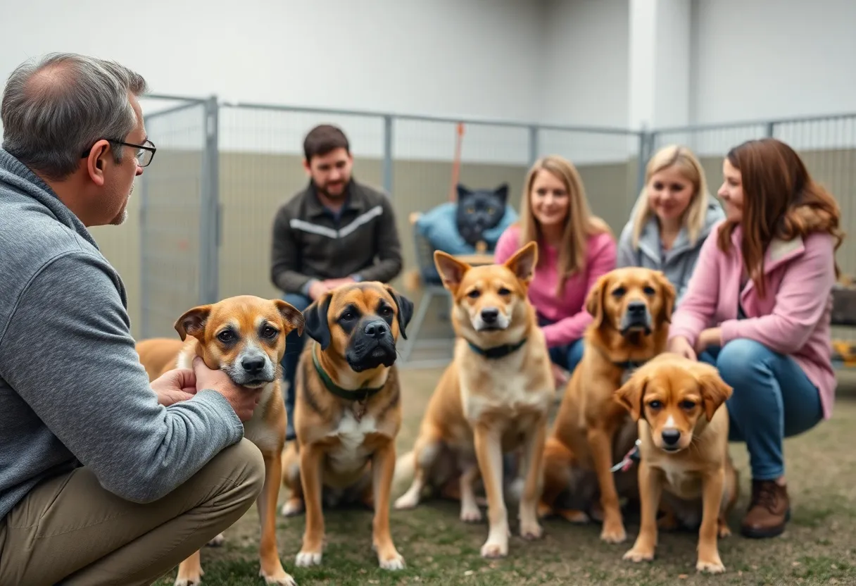 Community discussing animal welfare near a dog training facility