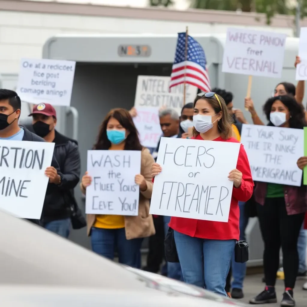 Diverse community members protesting against immigration raids at a car wash