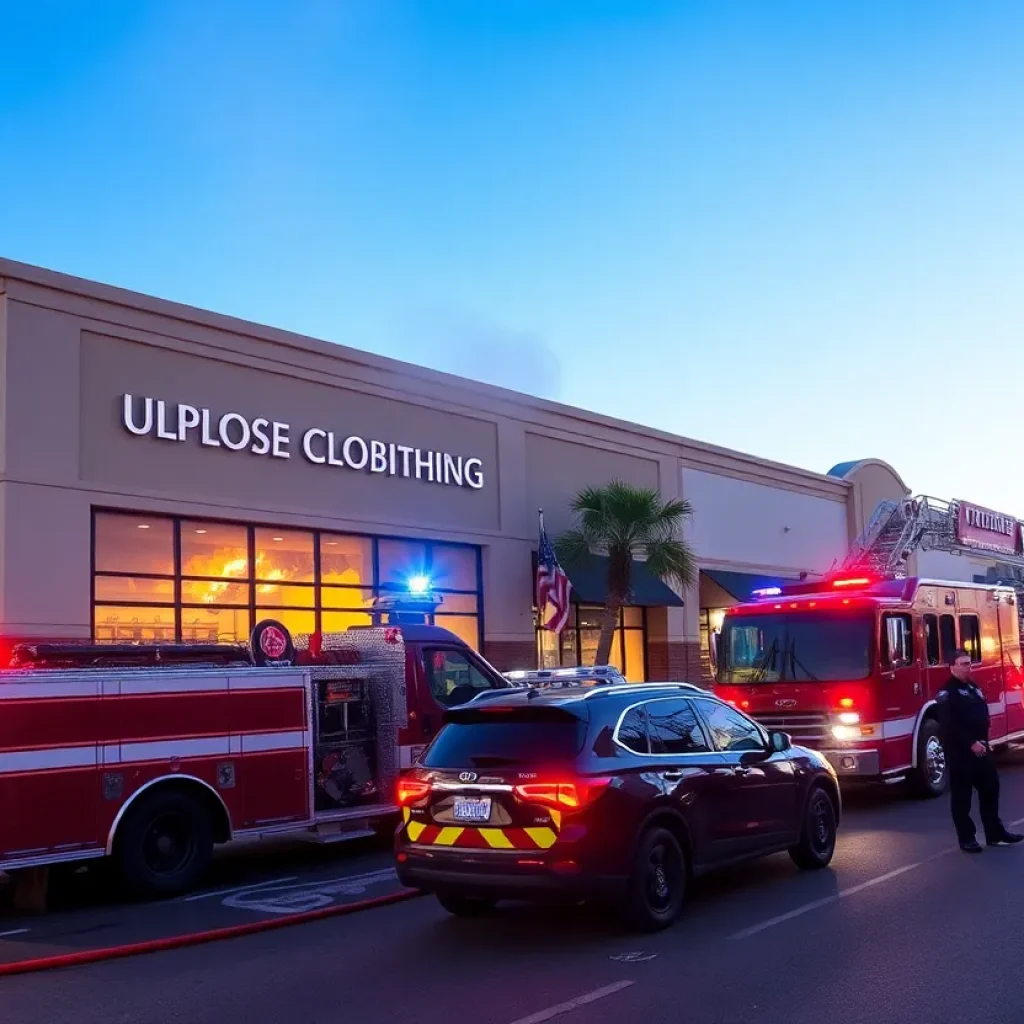 Emergency personnel responding to a clothing store fire in Costa Mesa.