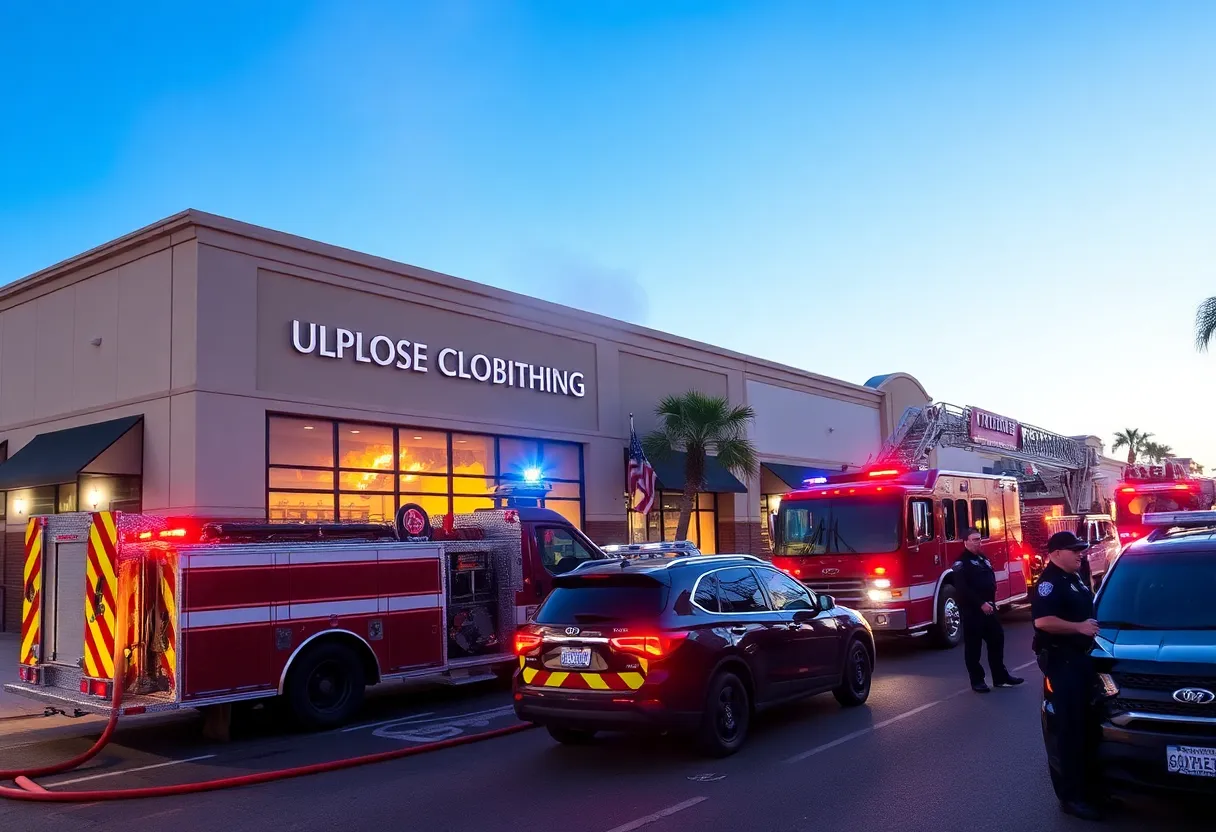 Emergency personnel responding to a clothing store fire in Costa Mesa.