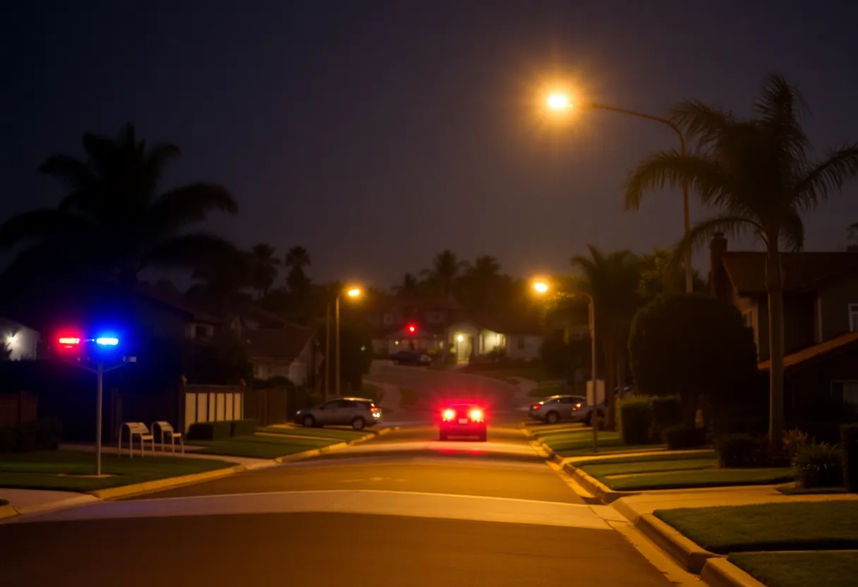 Nighttime scene of a quiet Costa Mesa neighborhood with police activity.