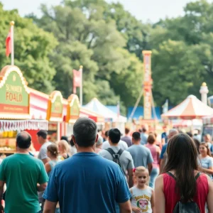 Families enjoying food and carnival rides at Costa Mesa Fish Fry