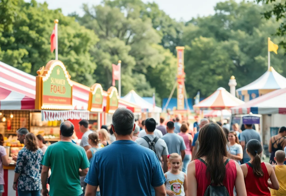 Crowd enjoying the Costa Mesa Fish Fry festival with rides and food booths.