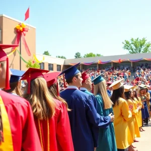 Graduates celebrating at Costa Mesa High School graduation ceremony