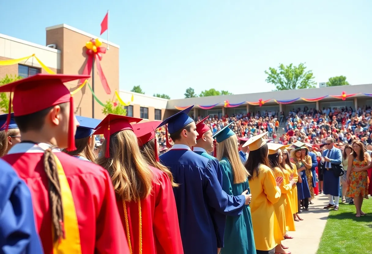 Graduates celebrating at Costa Mesa High School graduation ceremony