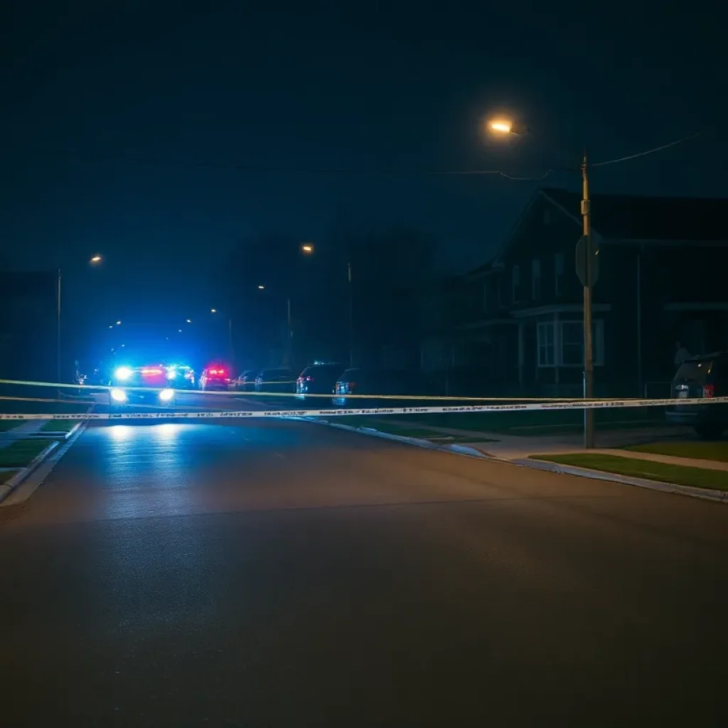 Police lights illuminating a quiet residential street at night.