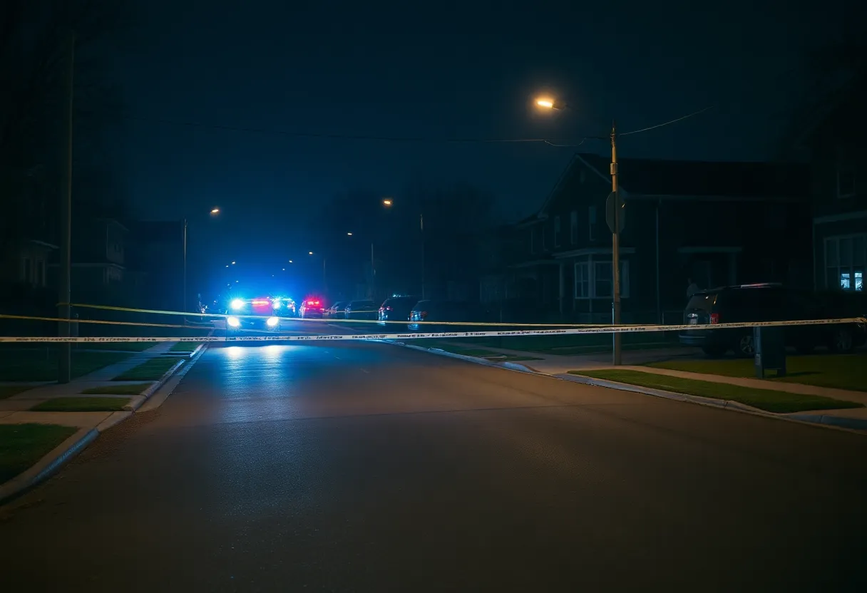Police lights illuminating a quiet residential street at night.